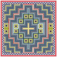 Colorful geometric scarf print pattern with a central cross and square motifs, bordered by a maze-like labyrinth design. vector