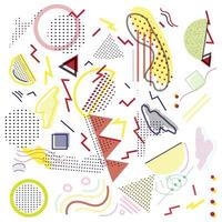 Colorful abstract Memphis design pattern with geometric shapes and dotted texture, a lively abstract image filled with geometric shapes, displaying a spectrum of colors in an engaging pattern. vector