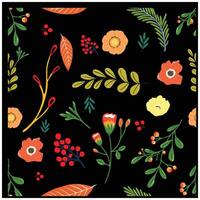 A vibrant floral pattern on a black background, featuring colorful flowers, leaves, and berries in various designs. vector