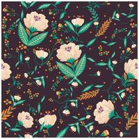 A flowers print pattern with large beige flowers, red berries, and green leaves on a light background, cream background, highlighting the beauty of nature in a subtle manner vector