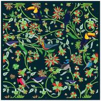 A Group of colorful birds print pattern depicted in a vibrant and lively manner. It is likely a drawing or painting, showcasing their beauty in an artistic way on dark background. vector
