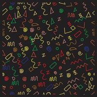 Colorful abstract doodle with various shapes and lines on a dark black color background, An eye-catching pattern composed of diverse shapes and lines in bright colors, vector