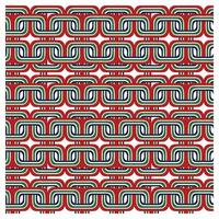 Repetitive geometric pattern in earthy green, brown, and beige tones., Colorful geometric pattern with interlocking shapes in red, green, white, and black. vector
