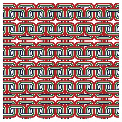 Repetitive geometric pattern in earthy green, brown, and beige tones., Colorful geometric pattern with interlocking shapes in red, green, white, and black.
