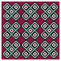 A repeating geometric square shape print pattern featuring intertwined shapes in real, black, and white on a deep maroon background. vector