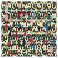 Colorful geometric repeat print pattern composed of variously sized triangles and diamonds in shades of green, pink, blue, and red against a pale background. vector