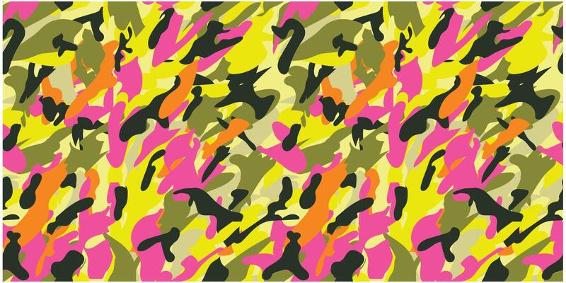 A vibrant, abstract camouflage pattern featuring pink, yellow, orange, green, and black shapes blended together in a chaotic design.