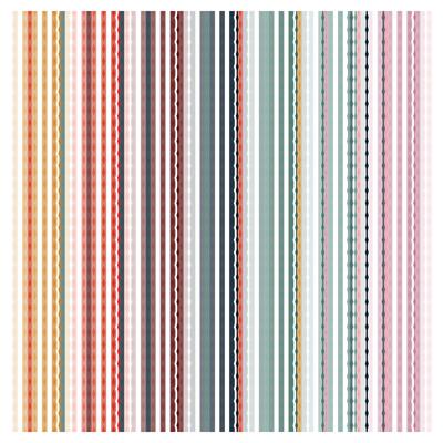 A vibrant pattern of vertical stripes in various colors, featuring intricate designs and textures in a playful arrangement.