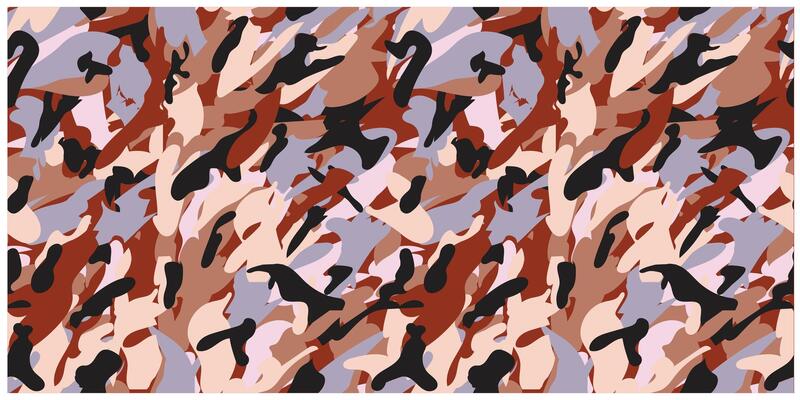 Abstract camouflage pattern featuring earthy tones like browns, pinks, and blacks, with flowing shapes and dynamic textures.