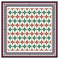 Intricate geometric scarf, square shape print pattern with a green, red, blue, and beige design inside a decorative border. vector