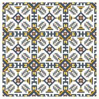 Colorful geometric square shape print pattern featuring diamond, cross motifs, and stylized design in navy, orange, and yellow on a white background. vector