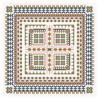 An ethnic square cross stitch pattern with detailed motifs and rich colors, representing cultural artistry and heritage, Colorful pixelated tribal pattern with symmetrical design. vector