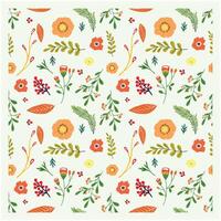 Square seamless floral print pattern design with colorful flowers and green leaves with red and orange flower motif on a white background, vector