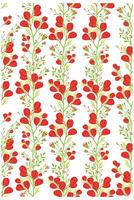 A vibrant square floral print pattern featuring red leaves and small buds on green stems against a white background, creating a lively design. vector