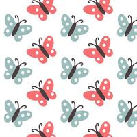 Seamless pattern with red and blue butterflies on a white background. Simple and modern insect design for fabric, wallpaper, and wrapping paper. vector
