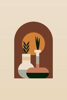 Flat design geometric boho leaf and grass jar wall art background illustration vector