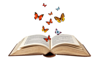 Butterflies gracefully fly out of an open book on a transparent background png
