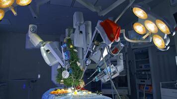 Robotic surgery machine peel the tangerines at the operating table. High technological equipment in the operating room with turned on lights. Christmas decorations in the operation room. video