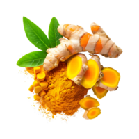 Fresh turmeric with powder with leaves isolated on a transparent background png