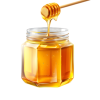 A jar of honey with a wooden stick dripping honey isolated on transparent background png
