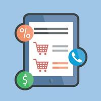 online shopping screen on tablet device in outline flat design. vector