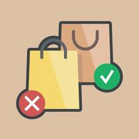 true and false shopping bag with outline flat design. vector
