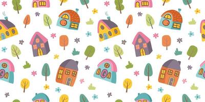 Seamless pattern of cute colorful hand drawn houses, trees and flowers isolated on white background. vector