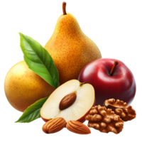 Fresh Pear, Apple, Walnuts, and Almonds on Transparent Background png