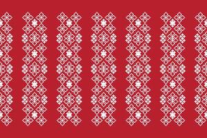 Fabric pattern of red color background with ethnic pattern fabric motif design pixel. vector