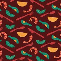 Seamless pattern with basil, shrimp, lemon slice, avocado, fork and knife. Italian cuisine vector