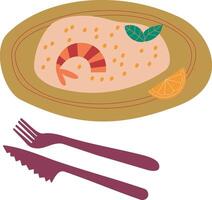 Risotto on a plate with lemon slice, basil and shrimp, fork and knife on transparent background. Great for posters, advertisements, banners, flyers and menus vector