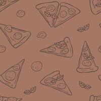 Seamless pattern with pizza. Italian cuisine. Italian food in doodle style. Pattern in sketch style with pizza, basil, Paperoni, cheese and mozzarella vector