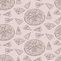 Seamless pattern with pizza outline. Italian cuisine. Italian food in doodle style. Pattern in sketch style with pizza, basil, Paperoni, cheese and mozzarella vector