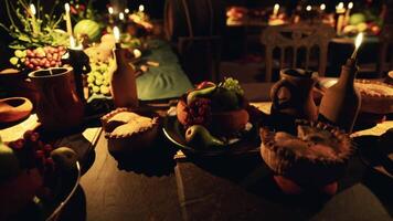 Festive table with food and drinks at a candlelit gathering video