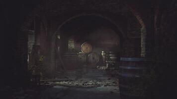 Dark and mysterious wine cellar with aged barrels and dim lighting video