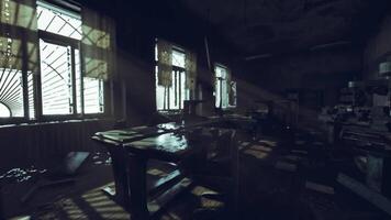 Forgotten classroom filled with dust and sunlight in an abandoned building video
