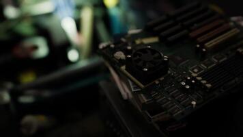 Close up view of a circuit board with components in a dimly lit workshop video
