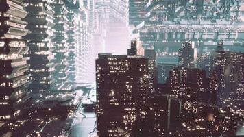 Futuristic city with glowing skyscrapers and floating structures video
