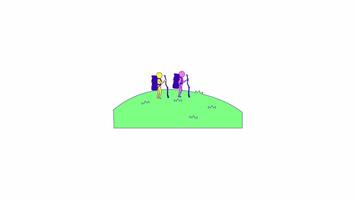 Stick figures hikers with backpacks and walking sticks trekking across green hill cartoon animation. Backpackers travelers animated flat 2D characters 4K isolated on white, scene storytelling video