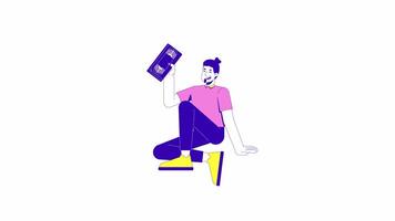 Bearded man sitting casually, holding VHS tape 2D character animation. Retro media analog. Nostalgic movie lover caucasian guy animated person cartoon 4K isolated on white transparent video