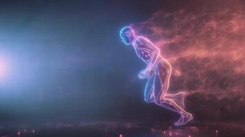 Abstract glowing neon figure of a man running on a black background. Concept of competition and race to success. video