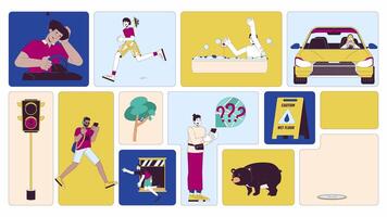 Safety hazards in daily life animated bento grid layout. Dangerous actions. Everyday risks, unexpected dangers 2D animation flat cartoon ui collage design. 4K motion graphic collection video