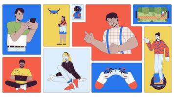 Technology and innovation in daily life animated bento grid layout. Gaming controller, gadgets, digital entertainment 2D animation flat cartoon ui collage design. 4K motion graphic collection video