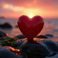 3d bright and shiny red heart, standing on a wet rock photo