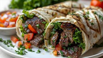 Grilled Steak and Vegetable Wraps. A Delicious Recipe for Flavorful Meat, Fresh Lettuce, Juicy Tomatoes, and Zesty Red Onion Salsa, Served with Parsley Garnish, a Quick and Satisfying Meal. photo