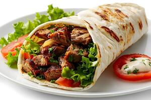 Savory Grilled Meat and Fresh Greens Rolled in a Delicious Flatbread Wrap, Served with Creamy Sauce and Tomato Slices. A Simple Recipe for a Quick and Flavorful Meal photo