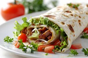 Savory Grilled Meat and Fresh Vegetables Wrapped in Flatbread. A Delicious and Healthy Meal, Perfect for a Quick Lunch or Dinner. Enjoy this Simple Recipe for a Flavorful Culinary Experience. photo