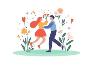 minimalistic UI illustration with a guy and a girl in a festive atmosphere with flowers for the holiday of March 8 vector