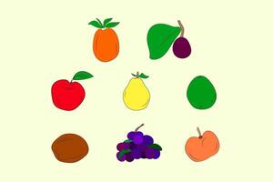 set of drawn flat fruits mango, plum, apple, pear, avocado, grapes, peach, coconut vector