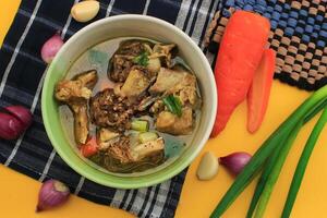 Rib soup is served in a bowl contain rib meat, sauce, carrots, celery, chilies, spring onions. rib soup on isolated background. Rib soup is a favorite food of asian people photo